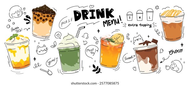 Coffee and smoothie beverage with cute doodle decoration. Cappuccino, bubble tea, orange juice, chocolat in glasses. Vector illustration blended coffee for logo, promotion, marketing, banner, ads.