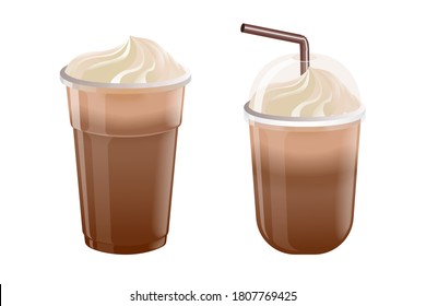 Coffee smoothie with whip cream and straw in plastic glasses .Vector illustration in white back ground.