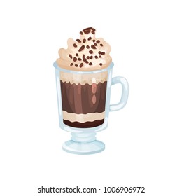 Coffee smoothie with whipping cream, refreshment beverage in glass cartoon vector Illustration