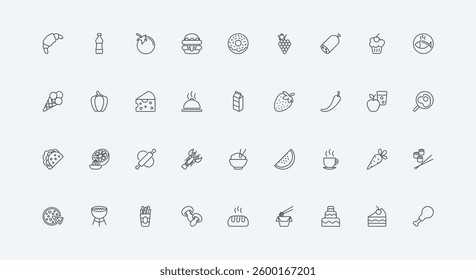 Coffee and snacks, portion of dessert, rice bowl thin black outline symbols vector illustration. Food menu, meals and drink of breakfast and lunch, dinner and brunch nutrition line icon set