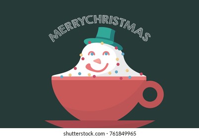 coffee with snowman. coffee cup full of snowman milk froth. vector, illustration.