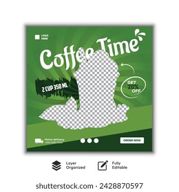 Plantilla de publicación de medios sociales de café, diseño de plantilla de banners de cafetería, banner promocional de menú de alimentos