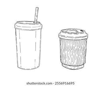 Café y refrescos sobre fondo blanco.  Imagen de Vector 100% dibujado a mano.