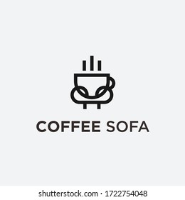 coffee sofa logo design with coffee cup and chair vector illustration on white background