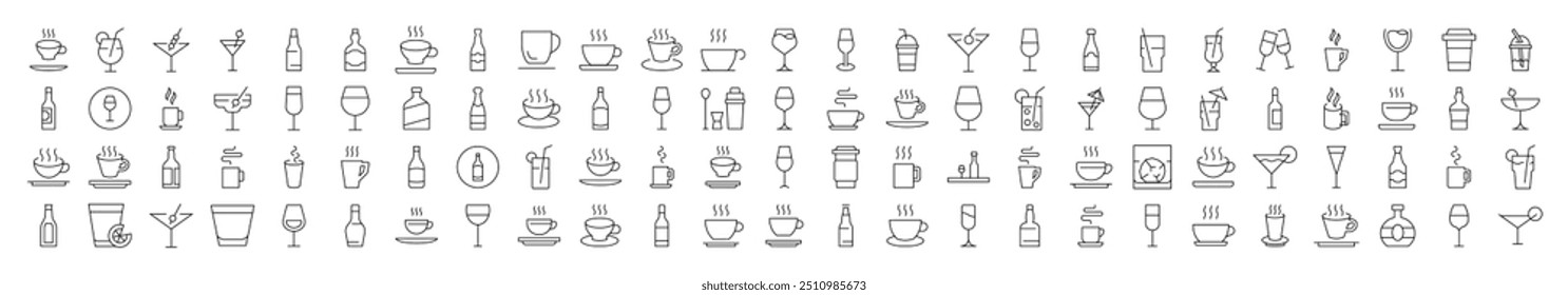 Coffee, Soft Drinks, Alcoholic Beverages Line Icon Set. Editable Stroke. Minimalistic Linear Pictogram for Design of Cards, Apps, Banners, Posts
