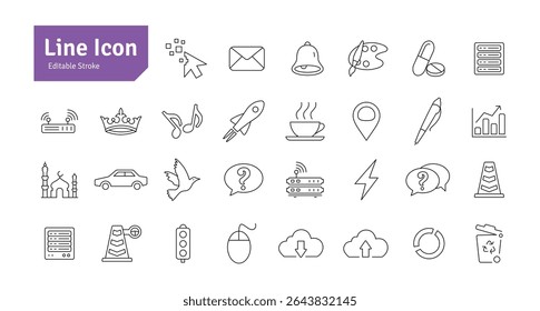 Coffee, Sound, Mouse, Server, Lock, Email, Printer, MUsic, Power, Deposit, Bird, Pin Line Icon Set. Editable Stroke Vector Illustration