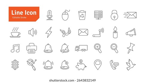 Coffee, Sound, Mouse, Server, Lock, Email, Printer, MUsic, Power, Deposit, Bird, Pin Line Icon Set. Editable Stroke Vector Illustration