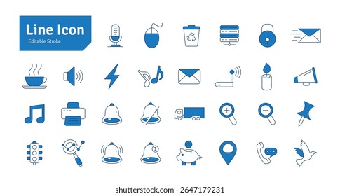 Coffee, Sound, Mouse, Server, Lock, Email, Printer, MUsic, Power, Deposit, Bird, Pin Line Icon Set. Editable Stroke Vector Illustration