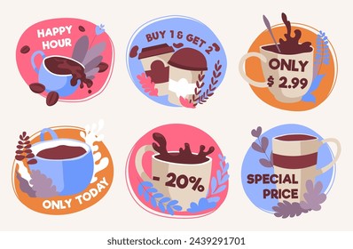 Coffee special deal sign at sticker set design. Colorful tag collection with happy hour, low price text, vector illustration. Isolated on white template symbol with only today, special price offer
