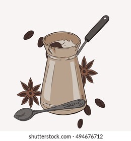 Coffee and spice sketch. Beige and brown color. Hand drawn vector illustration.