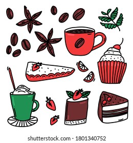 Coffee with spices and desserts doodles. Anise stars, coffee beans, mint leaves. Set of strawberry tartlet, cupcake, chocolate cherry cake.