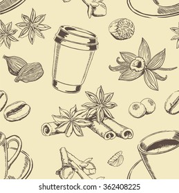 Coffee and spices seamless pattern. Wallpaper, background, texture. Decor.