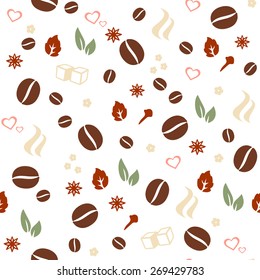 Coffee & Spices vector seamless pattern. Love Coffee vector background for food labeling & package decoration, cafe menu & interior decoration, wallpaper, wrapping paper, pattern fills. Editable