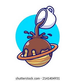 Coffee Spilled On Planet Cartoon Vector Icon Illustration. Science Drink Icon Concept Isolated Premium Vector. Flat Cartoon Style