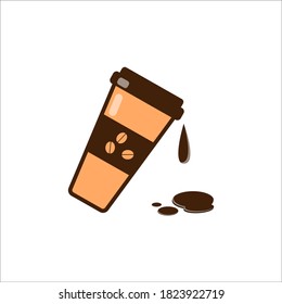 Coffee is spilled from paper cup. Brown drops of coffee. Isolated, flat design