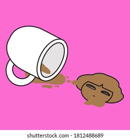 Coffee Spilling Stained Girl’s Tired Head Shape Concept Card Character illustration