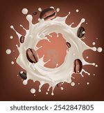 coffee splash with Coffee Bean falling, 3d vector.Mesh gradient wes used