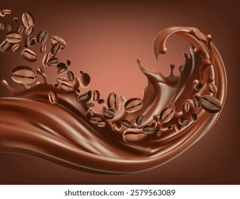 coffee splash with Coffee Bean falling, 3d vector.Mesh gradient wes