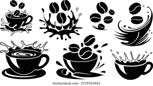 Conjunto de iconos de Vector de silueta de café, taza y frijoles