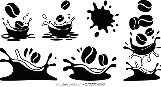 Conjunto de iconos de Vector de silueta de café, taza y frijoles