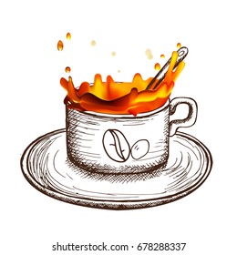 Coffee splash and hand drawn cup isolated on white background, stylish vector illustration