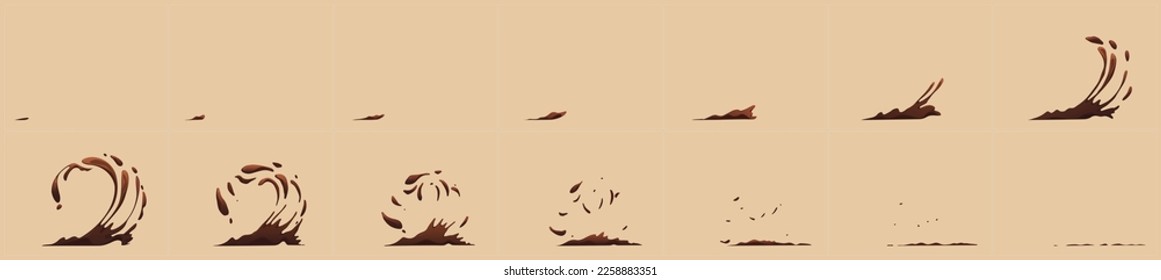 Coffee splash, hot chocolate or cocoa wave with swirl and drops. Animation sprite sheet with brown drink splash effect, vector cartoon set isolated on background