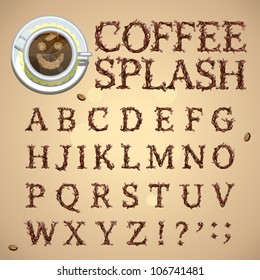 Coffee splash special font, abc a-z capital headline letters, vector