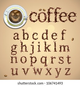 Coffee splash special font, abc a-z small letters, vector