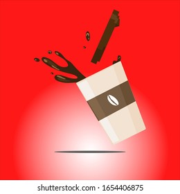 Coffee splash from spilled paper cup ivector illustration isolated, red background