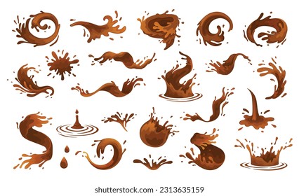 Coffee splash. Vector illustration. Coffee splash in brown colour. Cola or tea isolated on white background. Chocolate corona splash. Realistic set of liquid waves of falling and flowing brown drink