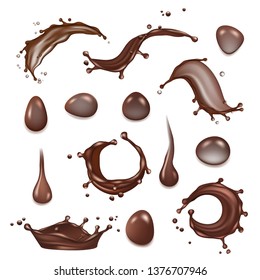 Coffee splashes. Brown chocolate milk splashes of hot drinks dessert vector realistic template