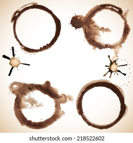 Coffee splashes Cup drawn pour and blots. Set Traces. Round coffee stains from cups of coffee on table. 
