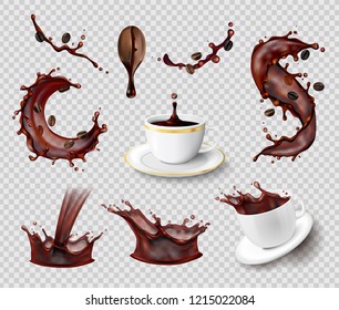 Coffee splashes realistic set of isolated liquid spray coffee bean and ceramic cups on transparent background vector illustration