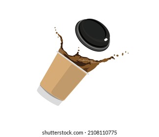 Coffee splashing out of a cup isolated on white background, falling disposable paper cup with coffee splash isolated on white background, red cup with splash water