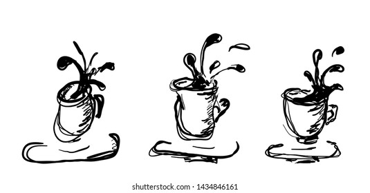 Coffee splashing out of a mug. Isolated hand drawing coffee cups. Sketch style.