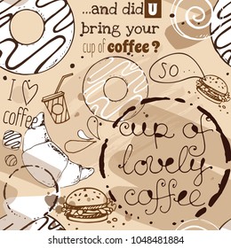 Coffee splatter with lettering and sweets seamless pattern