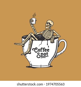 COFFEE SPOT SKELETON SITTING IN A CUP COLOR BACKGROUND