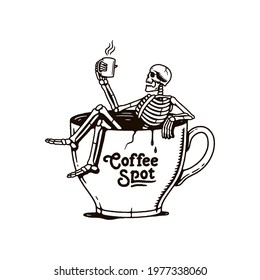 COFFEE SPOT SKELETON SITTING IN A CUP BLACK WHITE BACKGROUND