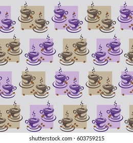 Coffee in squares. Light background. Seamless pattern. Design for textiles, wall hangings, wrapping paper.