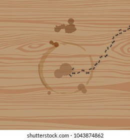 
coffee stain and ant on wood background vector illustration
