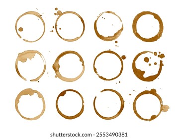 Coffee stain. Black coffee rings on surface. Brown tea spots spilling from cup. Grunge circle stamps. Decorative drink drops and stains. Liquid stain frame. Vector set.