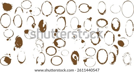 Coffee stain. Black coffee rings on surface. Brown tea spots spilling from cup. Grunge circle stamps.