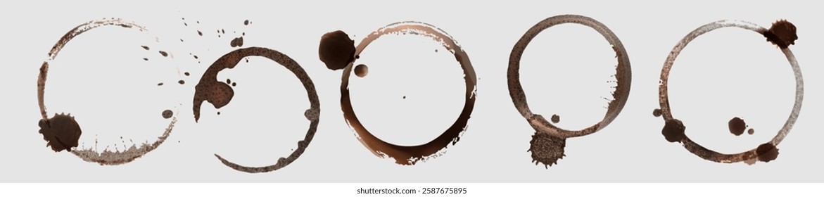 Coffee stain circle marks set of brown rings with splashes and blotches. Textured round borders from beverage drops and spots. Natural dried liquid traces. Hot drink cup dirty stamp and splatters.