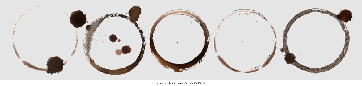 Coffee stain circle marks set of brown rings with splashes and blotches. Textured round borders from beverage drops and spots. Natural dried liquid traces. Hot drink cup dirty stamp and splatters.