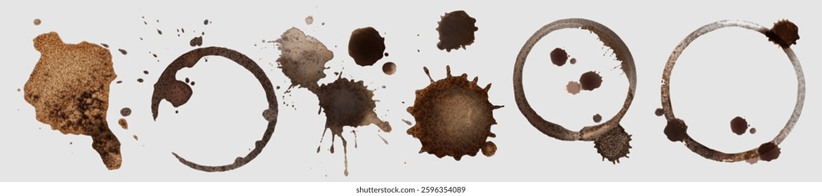 Coffee stain circle marks set of brown rings with splashes and blotches. Textured round borders from beverage drops and spots. Natural dried liquid traces. Hot drink cup dirty stamp and splatters.