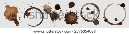 Coffee stain circle marks set of brown rings with splashes and blotches. Textured round borders from beverage drops and spots. Natural dried liquid traces. Hot drink cup dirty stamp and splatters.