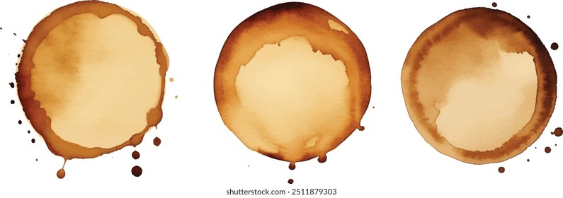 Coffee Stain on paper. Coffee or tea stains and traces - modern isolated clip art on white background. Splashes of cups, mugs and drops. Use this high quality set for your menu, bar, Cafe, restaurant.