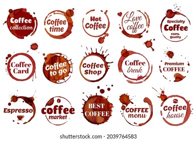 Coffee stain ring label, coffee shop cafe logo. Premium quality emblem, dirty cup circle stains badge, spilled espresso stains vector set. Beverage logotype elements for cafe, restaurant