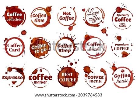 Coffee stain ring label, coffee shop cafe logo. Premium quality emblem, dirty cup circle stains badge, spilled espresso stains vector set. Beverage logotype elements for cafe, restaurant