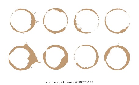 Coffee stain ring set. Vector illustration. Drink stain stamp with round shape and splash element. Coffee cup bottom circle effect.